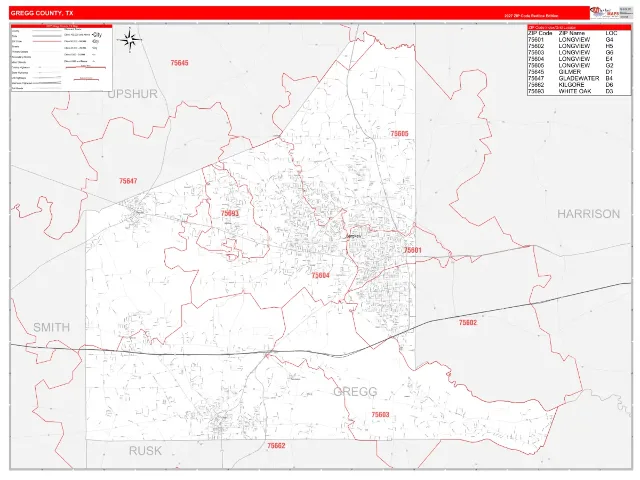 Gregg County, TX ZIP Code Wall Map, RedLine style