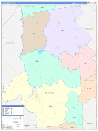 Grimes County, TX ColorCast style ZIP Code wall map