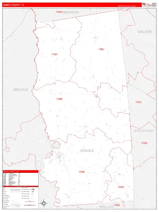 Grimes County, TX RedLine style ZIP Code wall map