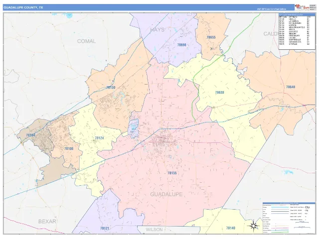Guadalupe County, TX ZIP Code Wall Map, ColorCast style