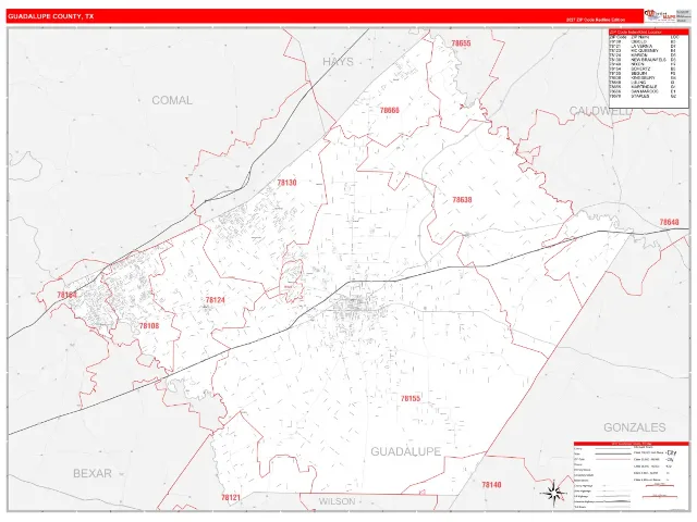 Guadalupe County, TX ZIP Code Wall Map, RedLine style