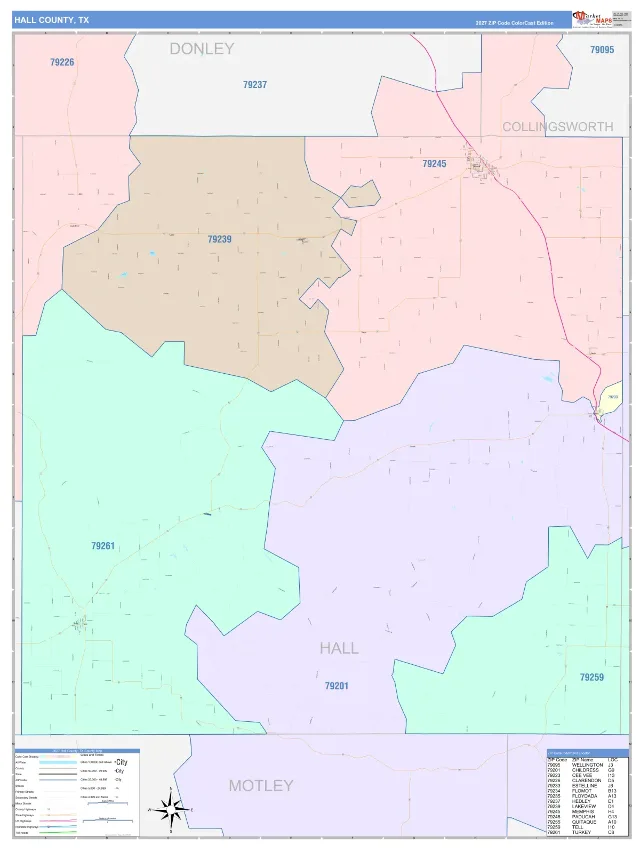 Hall County, TX ZIP Code Wall Map, ColorCast style