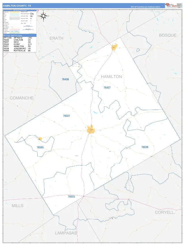 Hamilton County, TX ZIP Code Wall Map, Business Reference style
