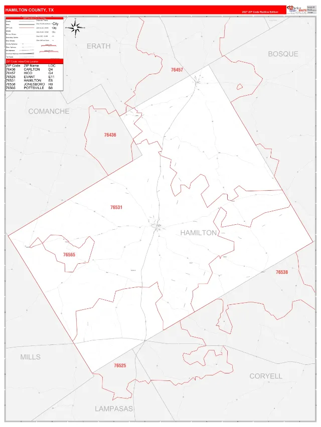 Hamilton County, TX ZIP Code Wall Map, RedLine style