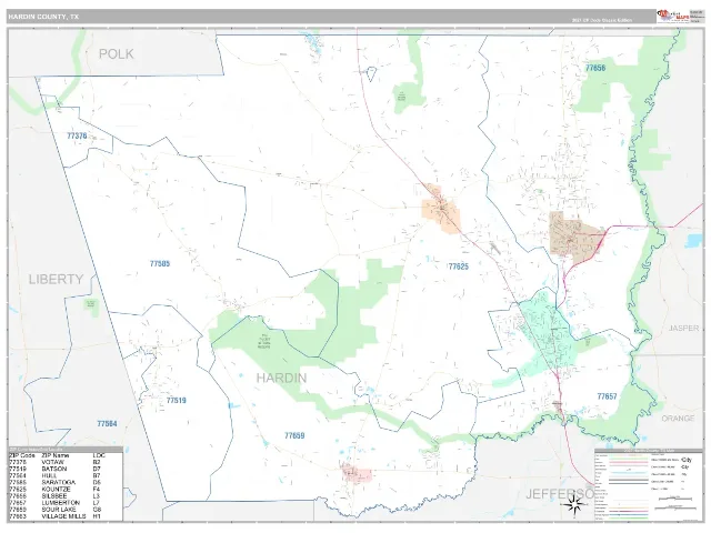 Hardin County, TX ZIP Code Wall Map, Classic style