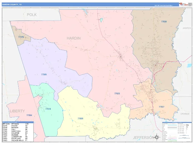 Hardin County, TX ZIP Code Wall Map, ColorCast style