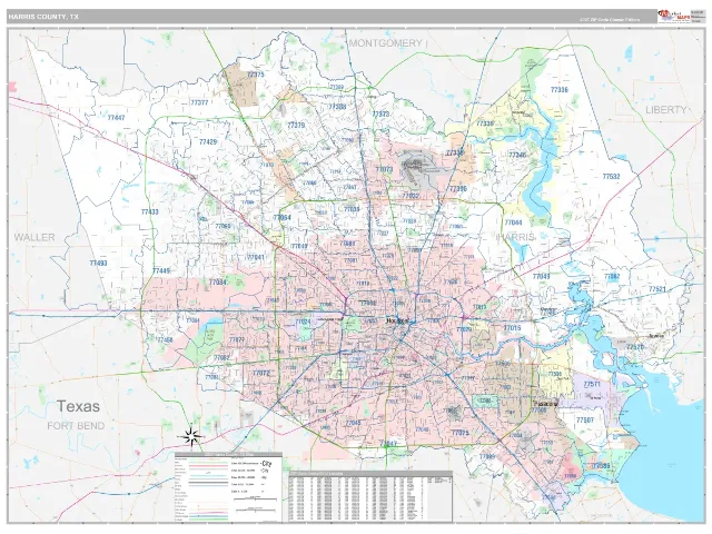 Harris County, TX ZIP Code Wall Map, Classic style