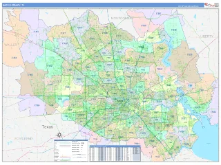 Harris County, TX ColorCast style ZIP Code wall map