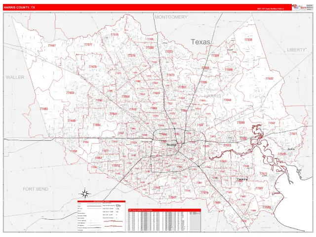 Harris County, TX ZIP Code Wall Map, RedLine style