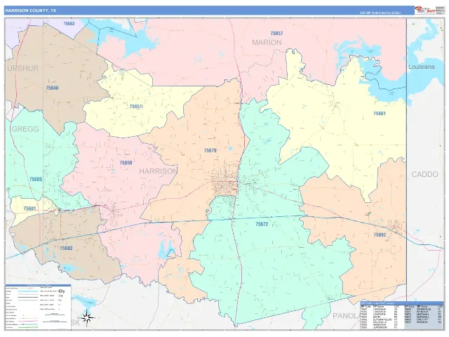 Harrison County, TX ZIP Code Wall Map, ColorCast style