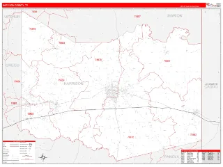 Harrison County, TX RedLine style ZIP Code wall map