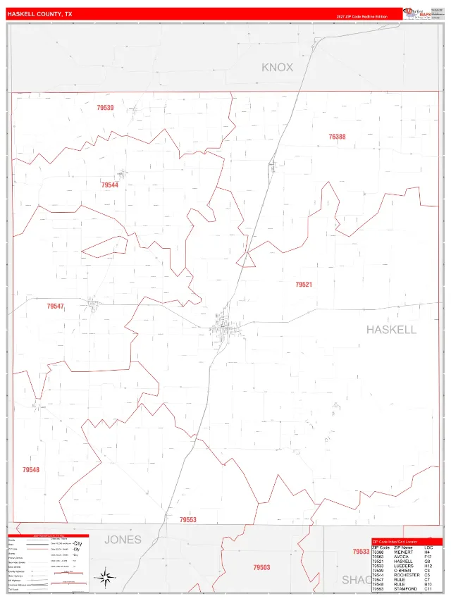 Haskell County, TX ZIP Code Wall Map, RedLine style