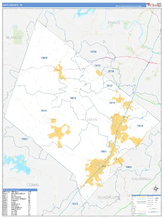 Hays County, TX Business Reference style ZIP Code wall map