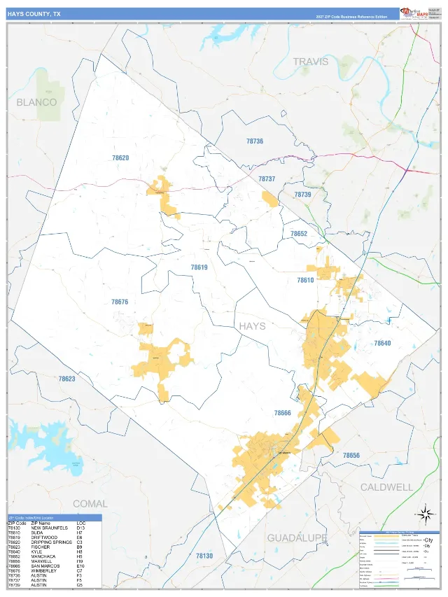 Hays County, TX ZIP Code Wall Map, Business Reference style