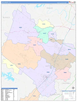 Hays County, TX ColorCast style ZIP Code wall map