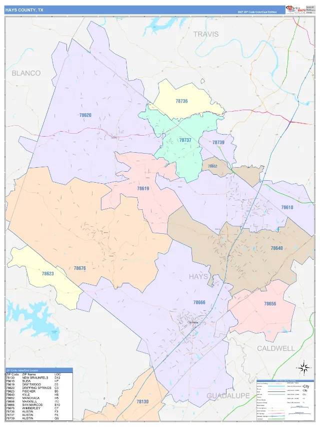 Hays County, TX ZIP Code Wall Map, ColorCast style