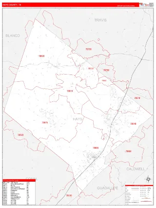 Hays County, TX RedLine style ZIP Code wall map