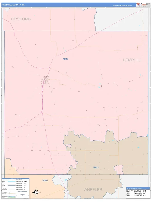 Hemphill County, TX ZIP Code Wall Map, ColorCast style