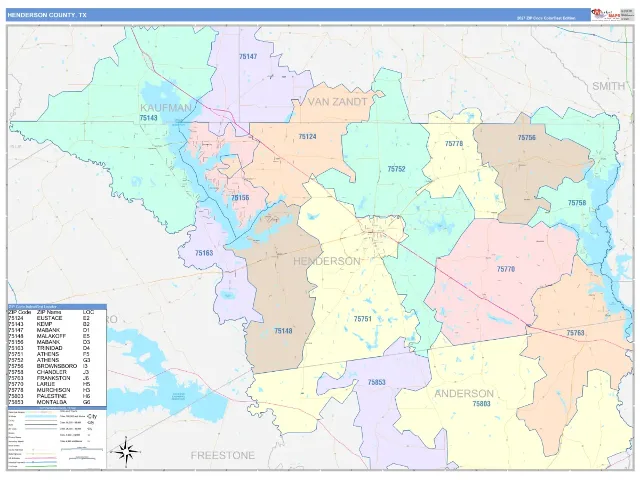 Henderson County, TX ZIP Code Wall Map, ColorCast style