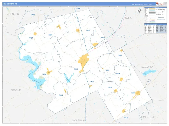 Hill County, TX ZIP Code Wall Map, Business Reference style