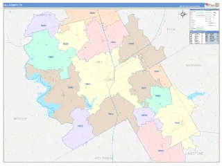 Hill County, TX ColorCast style ZIP Code wall map