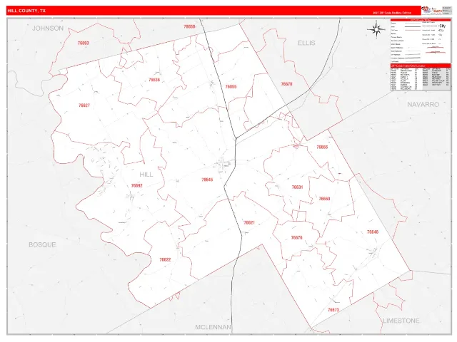 Hill County, TX ZIP Code Wall Map, RedLine style
