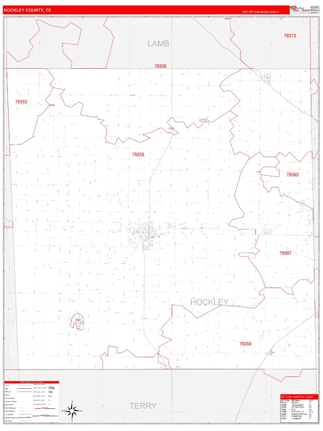 Hockley County, TX ZIP Code Wall Map, RedLine style