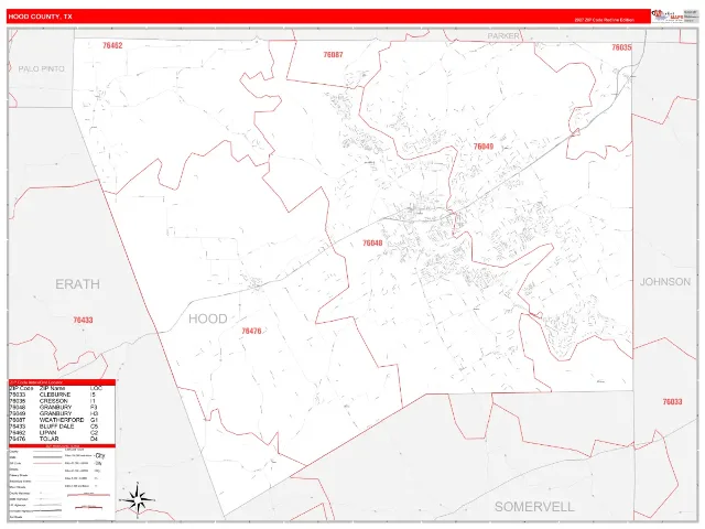 Hood County, TX ZIP Code Wall Map, RedLine style