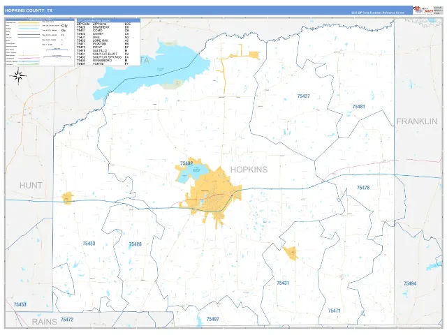Hopkins County, TX ZIP Code Wall Map, Business Reference style