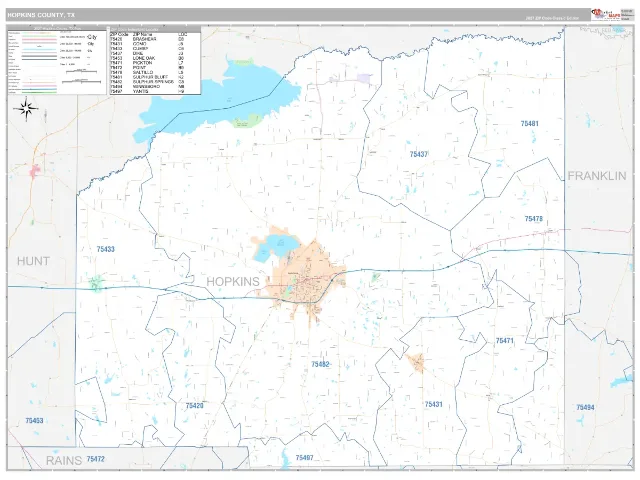 Hopkins County, TX ZIP Code Wall Map, Classic style