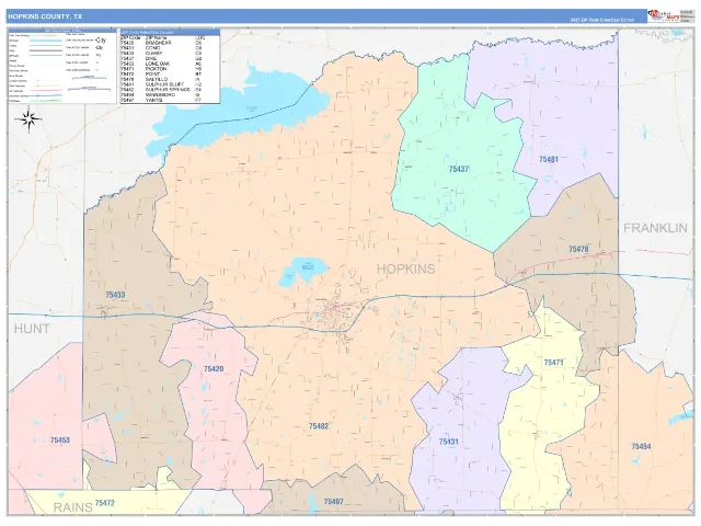 Hopkins County, TX ZIP Code Wall Map, ColorCast style