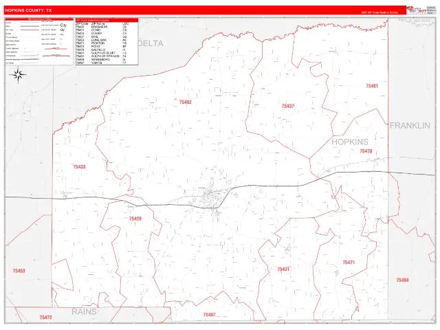 Hopkins County, TX ZIP Code Wall Map, RedLine style