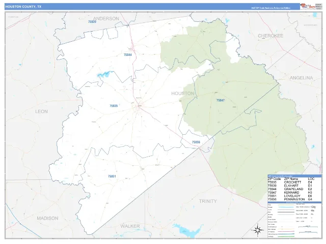 Houston County, TX ZIP Code Wall Map, Business Reference style