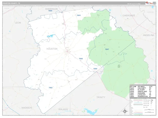 Houston County, TX ZIP Code Wall Map, Classic style