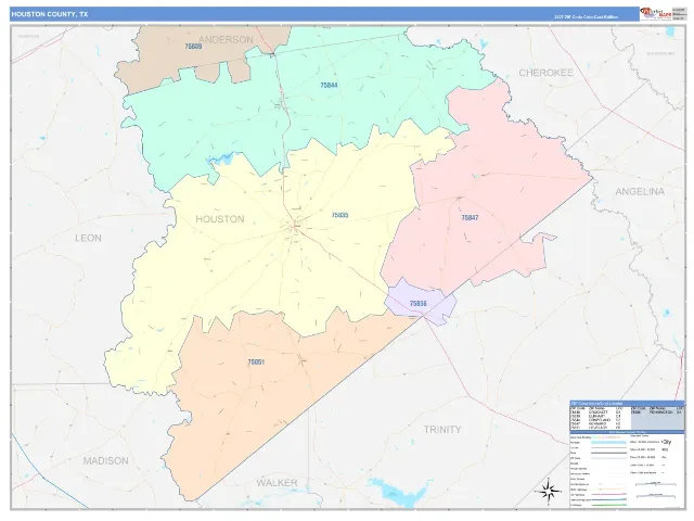 Houston County, TX ZIP Code Wall Map, ColorCast style