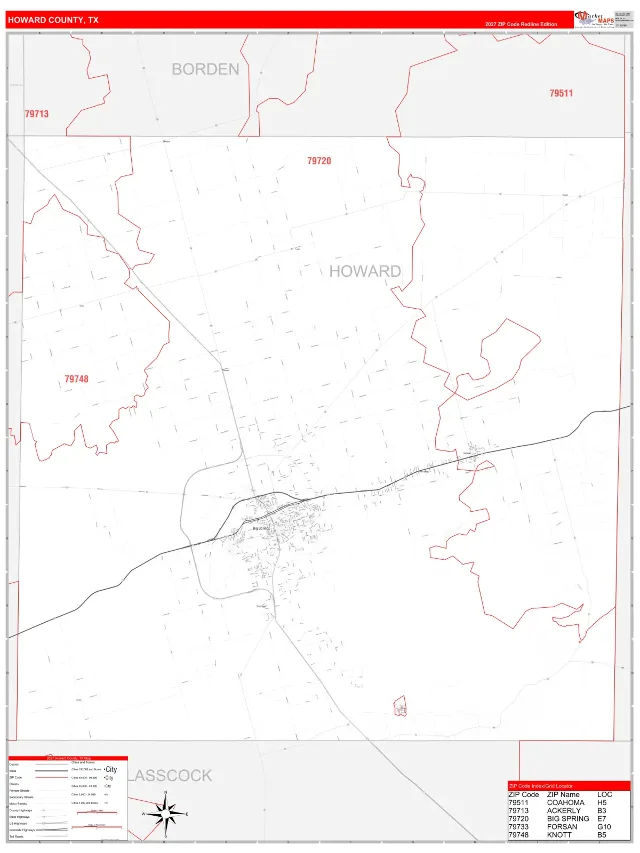 Howard County, TX ZIP Code Wall Map, RedLine style