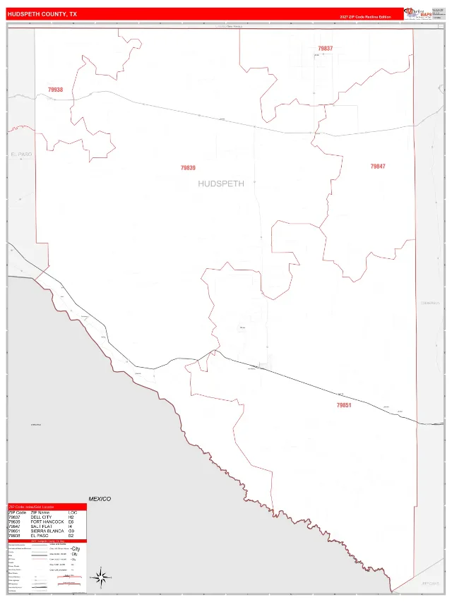 Hudspeth County, TX ZIP Code Wall Map, RedLine style