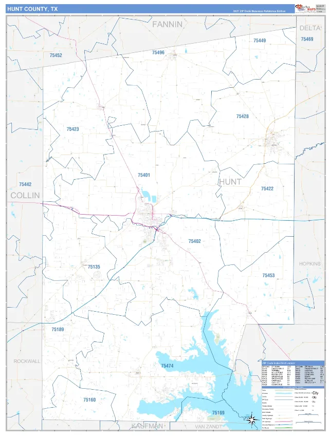 Hunt County, TX ZIP Code Wall Map, Business Reference style
