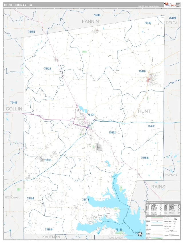 Hunt County, TX ZIP Code Wall Map, Classic style