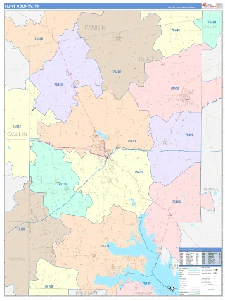 Hunt County, TX ColorCast style ZIP Code wall map