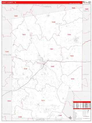 Hunt County, TX RedLine style ZIP Code wall map