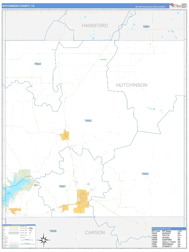 Hutchinson County, TX ZIP Code Wall Map, Business Reference style