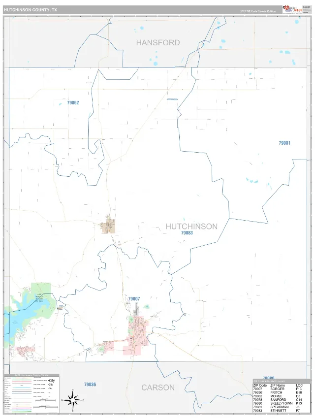 Hutchinson County, TX ZIP Code Wall Map, Classic style