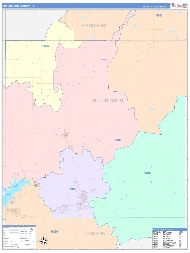 Hutchinson County, TX ZIP Code Wall Map, ColorCast style