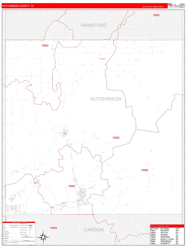 Hutchinson County, TX ZIP Code Wall Map, RedLine style