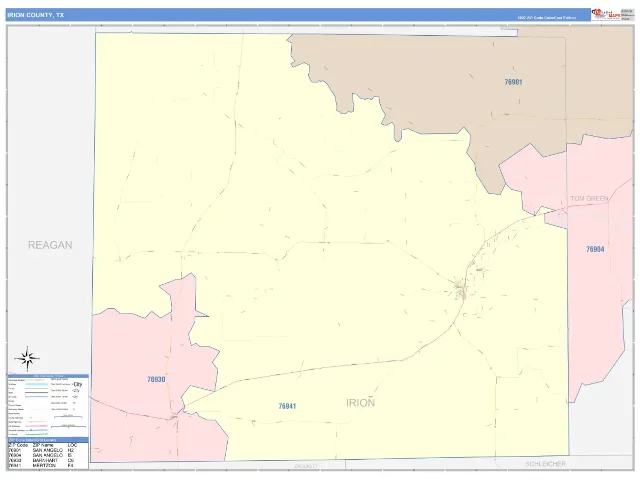 Irion County, TX ZIP Code Wall Map, ColorCast style