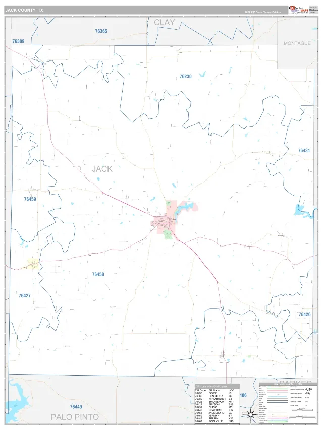 Jack County, TX ZIP Code Wall Map, Classic style