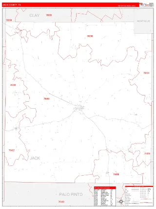 Jack County, TX RedLine style ZIP Code wall map