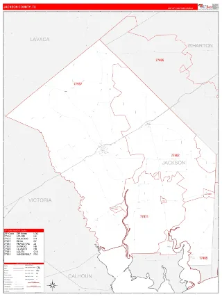 Jackson County, TX RedLine style ZIP Code wall map