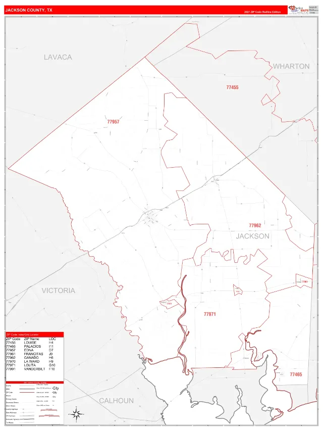 Jackson County, TX ZIP Code Wall Map, RedLine style